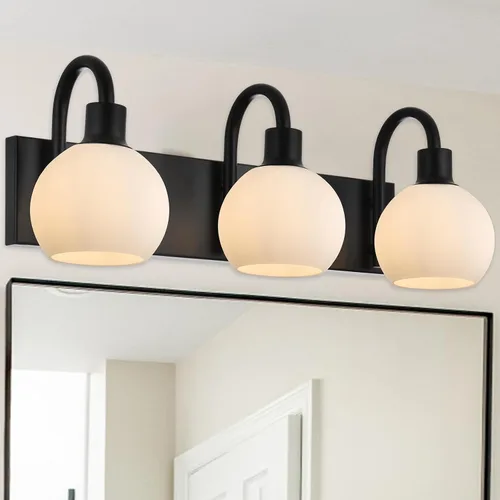 Vista 15 de Modernas Bombillas de Luz de Tocador de 3 Luces en Negro, Iluminación de Baño de Granja de Metal con Globo de Vidrio Semiesférico para Pasillo