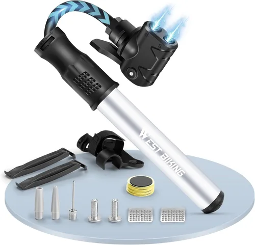 Vista 8 de Mini bombas de bicicleta con válvula Presta y Schrader, mini bomba de mano, bomba de inflado portátil con kit de reparación, bomba de inflador