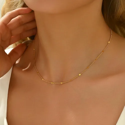 Vista 2 de Delicado collar de cadena para mujer, chapado en oro de 18 quilates, gargantilla de disco de moneda, collar simple de cadena trenzada con cuentas