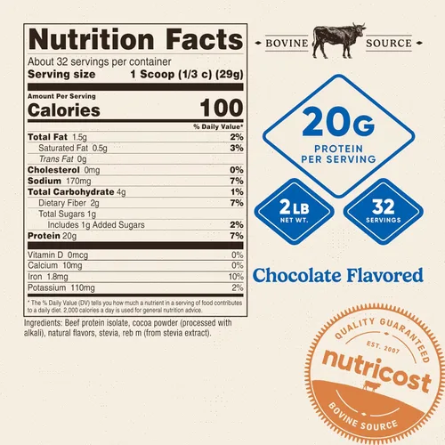 Vista 2 de Nutricost Polvo de Proteína de Ternera Aislado Chocolate (2 Libras) - 20 Gramos de Proteína por Porción, Sin GMO + Sin Gluten