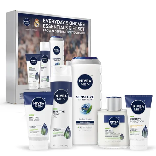 NIVEA MEN Set de Cuidado para Piel Sensible para Hombres, Jabón Facial, 5 onzas líquidas + Jabón Corporal, 16.9 onzas líquidas + Gel de Afeitar, 7