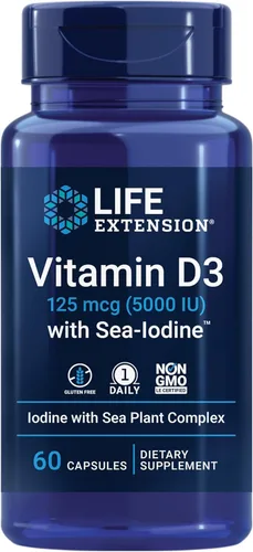 Life Extension Vitamin D3 with Sea-Iodine™, 125 mcg (5000 IU) – Immune Support, Bone Health, Thyroid Health – 1 Daily, Gluten-Free, Non-GMO – 60