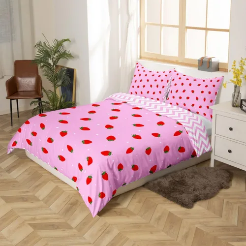 Vista 2 de Erosebridal - Juego de ropa de cama kawaii, juego de funda de edredón con diseño de fresa rosa, para mujeres, niñas y niños, decoración