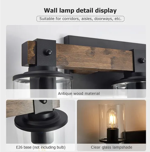 Vista 3 de DUJAHMLAND Lámpara de tocador de granja, lámpara de pared de madera de baño de 3 luces sobre espejo con pantalla de vidrio transparente, iluminación