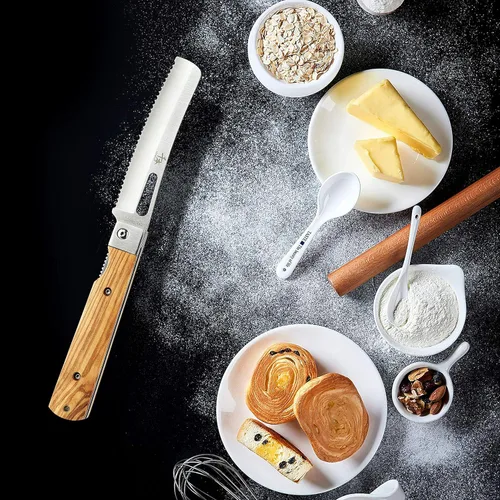 Vista 4 de SENBON Cuchillo de bolsillo plegable de acero inoxidable 440A con sierra para pan japonés, mango natural de oliva, para camping al aire libre