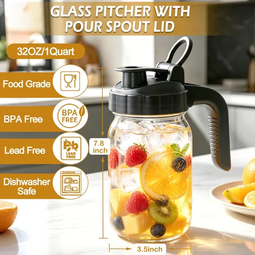 Vista 5 de Glass Pitcher With Pour Spout Lid 32 Oz Mason Jar Breast Milk Storage For Fridge 1 Quart Airtight Leak-Proof Heavy Duty Water Jug With Flip Cap For