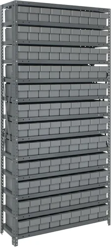 Vista 414 de Quantum QSBU-245BK Heavy Duty Shelving Unit with (7) Shelves and (24) QUS245 Black Bins for Garage Warehouse Storage Distribution 400 lb Load