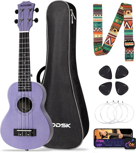 Vista 18 de AODSK Ukelele soprano para principiantes, kit de ukelele de 21 pulgadas con bolsa de concierto, correa, afinador, cuerdas de nailon, 4 púas, paño