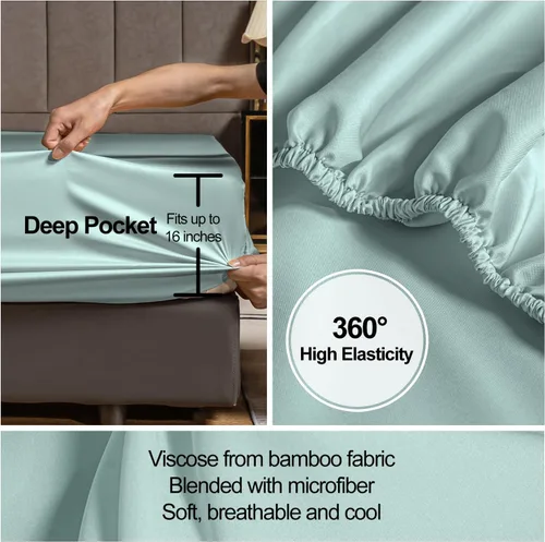 Vista 6 de MCO Bedding Queen Bed Sheets Set - Rayon Derived from Bamboo Sheets - Cooling Breathable Bedding Set with 16" Deep Pocket