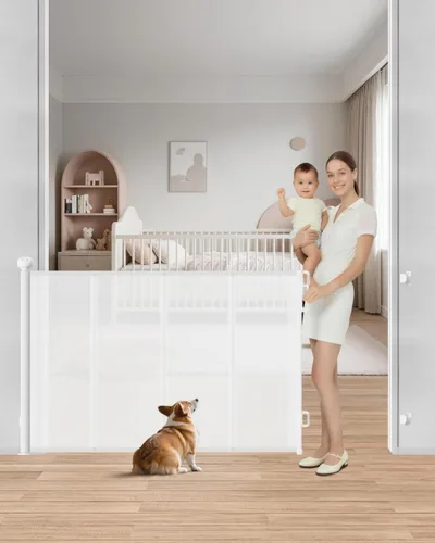 Vista 9 de Puerta retráctil para bebé, puerta de malla para bebés de 55 pulgadas de ancho con 4 varillas reforzadas, puerta antiflacidez de 34 pulgadas de Negro