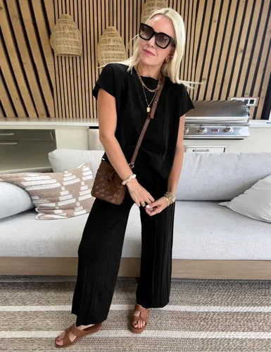 Vista 2 de Aedceal Conjunto de suéter de 2 piezas para mujer, conjunto de descanso de punto, chaleco y pantalones de cintura alta