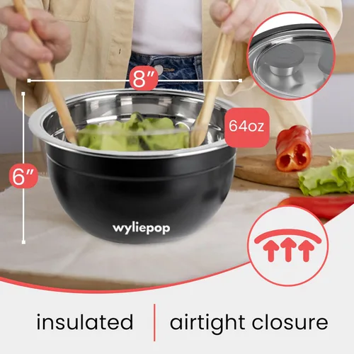 Vista 5 de Kit de ensaladera de acero inoxidable de 64 onzas y 3 cubiertos de bambú con 2 recipientes para condimentos, bandeja de inserción, cuenco y tapa a
