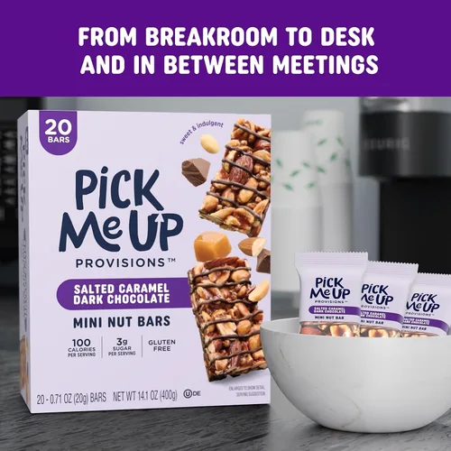 Vista 7 de Pick Me Up Provisions Mini barra de nueces de chocolate amargo con caramelo salado sin gluten, 20 barras, perfecta para almuerzos, aperitivos