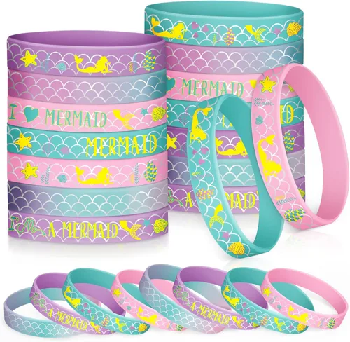 Zomiboo Paquete de 24 pulseras de silicona de sirena para cumpleaños, regalos de fiesta de sirena para niños y niñas, fiesta de cumpleaños bajo el