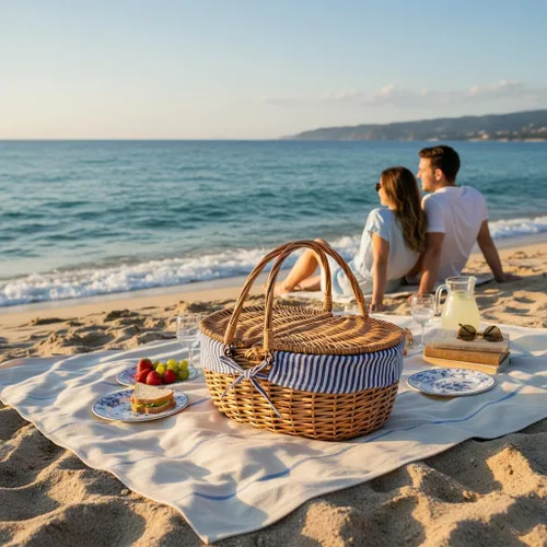 Vista 5 de Cesta de picnic de mimbre con tapa y asa, cuerpo tejido resistente con forro lavable, rayas azules