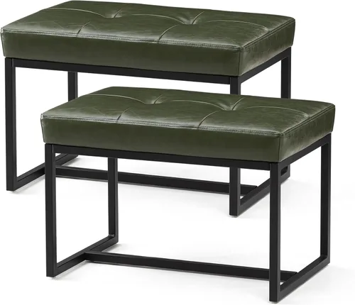 Vista 14 de Glitzhome Banco otomano, sillas modernas de piel sintética con marco de metal, taburete de maquillaje, taburete acolchado para sala de estar, Negro