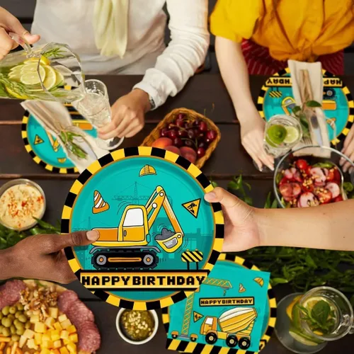 Vista 2 de Kit de suministros para fiesta de cumpleaños de construcción, platos de papel desechables, servilletas, decoraciones de fiesta de cumpleaños