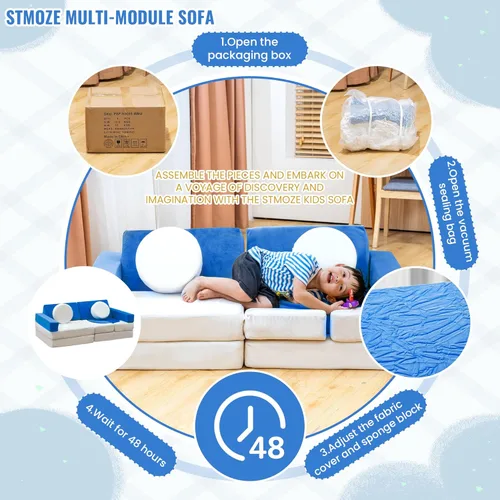 Vista 5 de Sofá modular de juego para niños, 13 piezas, con funda de terciopelo lavable, expansión instantánea de 5 segundos, espuma convertible y cojín