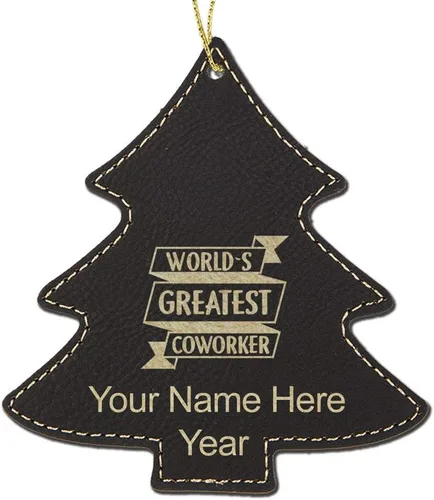 LaserGram Personalized Christmas Ornament, World's Greatest Coworker, Faux Leather, Custom Laser Engraved Gift Idea (Tree Shape, Black)