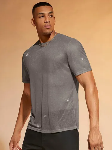 Vista 3 de WDIRARA Camiseta de malla de manga corta con cuello redondo y estampado floral para hombre