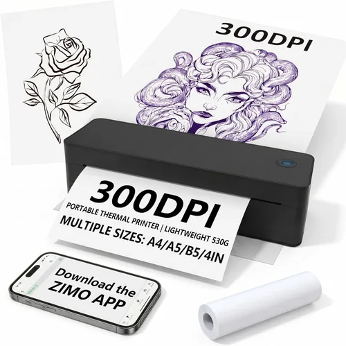 Impresora de tatuajes Máquina de transferencia de plantillas A4 térmica, impresora de plantillas de tatuaje con 10 hojas de papel, 1 rollo de papel