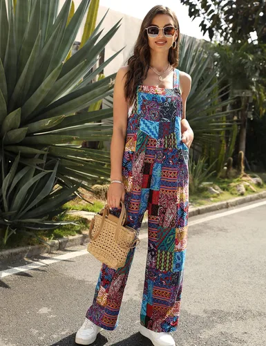 Vista 4 de Himosyber Overol de retazos de doble bolsillo para mujer, diseño holgado con estampado floral, bohemio, de pierna ancha