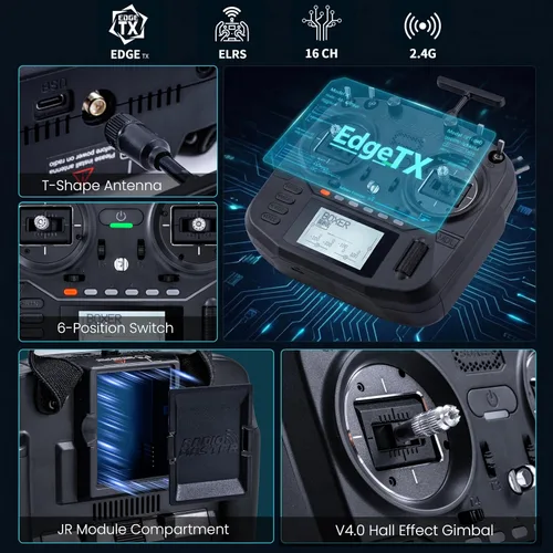Vista 3 de Radiomaster Boxer mando a distancia, cardanes de pasillo de 16 canales, transmisores ELRS con funda de transporte para aviones de ala Negro