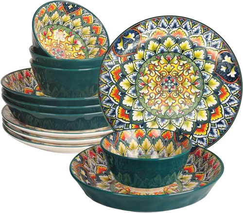 YA JU Juego de Vajilla Mandala (12 Piezas) Sirve para 4, Vajilla para Buffet, Juego de Platos y Cuencos Boho con Plato de Ensalada de 8 Pulgadas,