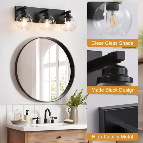 Vista 29 de Accesorios de iluminación de baño estilo granja, accesorios de luz de baño de madera de 3 luces sobre espejo, apliques rústicos de pared