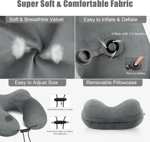 Vista 17 de urophylla Inflatable Travel Neck Pillow for Airplanes, Super Soft Velvet Neck Support, Adjustable Firmness, Blow Up Plane Pillow for Long Flights