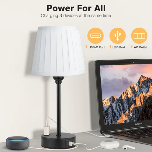 Vista 4 de Acaxin Juego de 2 lámparas de noche blancas para dormitorio, pantalla plisada blanca con puertos de carga USB, lámparas táctiles para mesita