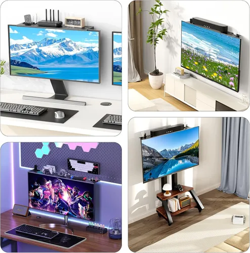 Vista 7 de Soporte universal para barra de sonido, no requiere taladros, ahorra espacio, estante superior de TV, marco de acero que se adapta a la mayoría