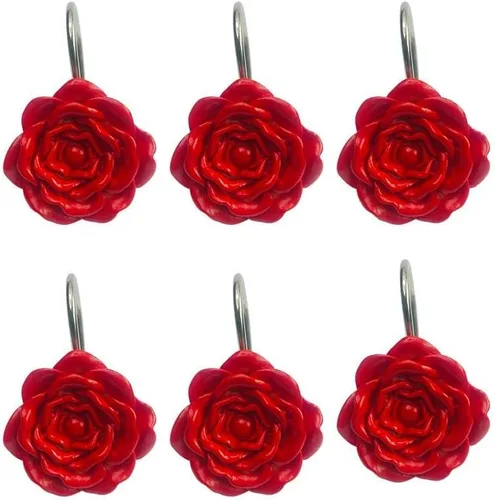 Twofishes Juego de 12 anillos de ducha con rosas rojas S/12, ganchos decorativos a prueba de óxido, paquete de 12 anillos de cortina de ducha con