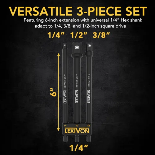 Vista 2 de LEXIVON Juego de adaptadores de enchufe de grado de impacto, broca de extensión de 6 pulgadas con soporte, 3 unidades de 1/4, 3/8 y 1/2 pulgadas