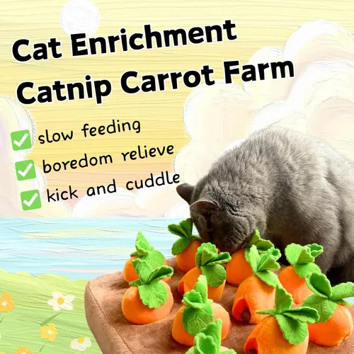 Vista 2 de CECE PAW Juguetes de hierba gatera de zanahoria, juguetes interactivos de plumas para gatos de interior, juguetes de rompecabezas para gatos