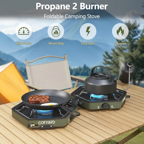 Vista 8 de Cofiyard Estufa de Camping de Propano de 2 Quemadores con Bolsa de Transporte y Regulador de Presión de Estufa de Gas, Estufa de Campamento Plegable