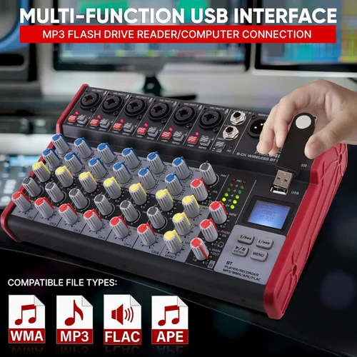 Vista 4 de Pyle Mezclador de audio profesional inalámbrico para DJ, 8 canales, compatible con Bluetooth, controlador de DJ, mezclador de sonido con puerto USB