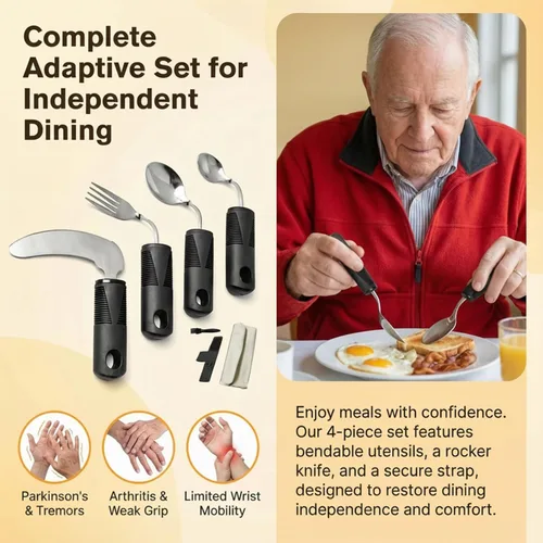 Vista 4 de Adaptive Utensils - Juego de cubiertos con peso de 4 piezas para temblores de manos y manos inestables, cucharas y tenedores flexibles
