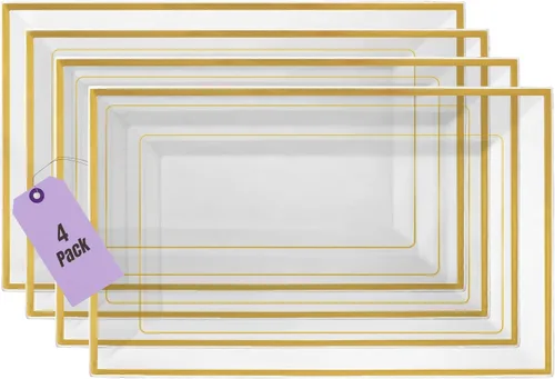 Bandeja de Servir de Plástico Transparente (Paquete de 4) Bandejas y Platos Desechables Transparentes con Borde Dorado para Servir Alimentos -