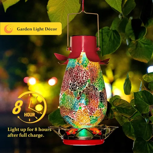 Vista 3 de Comedero solar LED para colibríes para exteriores, mosaico de vidrio multicolor, botella de néctar de colibrí colgante con 4 estaciones