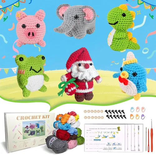 Vista 6 de Alutaba Kit de ganchillo de 6 piezas para principiantes, kits de animales de ganchillo para adultos con tutoriales de videos paso a paso, kit