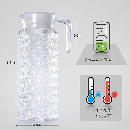 Vista 3 de OEH - Jarra acrílica de 37 onzas, jarra de plástico transparente irrompible con tapa, sin BPA, resistente al calor, pequeña jarra de agua