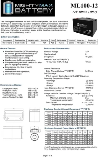 Vista 6 de Mighty Max Battery Batería AGM de 12V 100Ah SLA para el generador solar de la meta ZeroYeti 1250