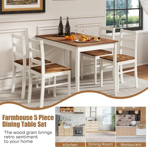Vista 5 de NAFORT Juego de mesa de comedor para 4, mesa de cocina y sillas de madera maciza, juego de comedor de estilo granja con delantal, patas de madera