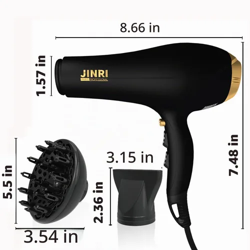 Vista 3 de JINRI Secador de pelo, 2000W, 3 calor y 2 velocidades, entrada de aire desmontable, con difusor, con concentrador, correa para colgar, no plegable