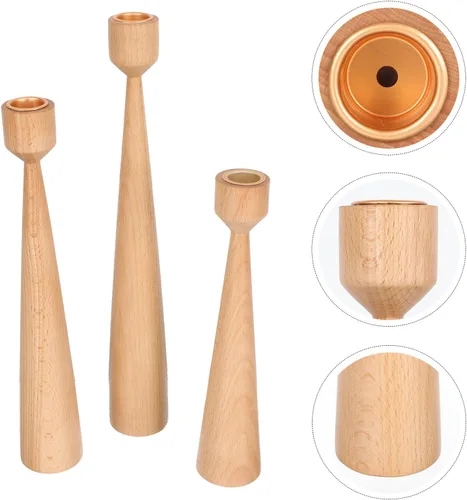 Vista 6 de SHINEOFI Wooden Candle Holder Set 3Pcs, Beech Wood Candlestick Stand for Home Decor, Rustic Style Centerpiece for Living Room Dining Table, Wedding