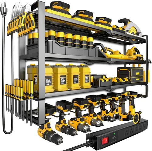 MOOMSINE Large Power Tool Organizer Wall Mount with Charging Station, 400lbs Metal Storage Rack with 8 Cordless Drill Holder, 4 Tier Heavy Duty