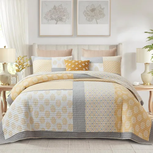 Vista 13 de Finlonte - Juego de edredón de algodón, individual, floral, rural, retazos reales, reversible, ligero y de color azul, gris y blanco para cama