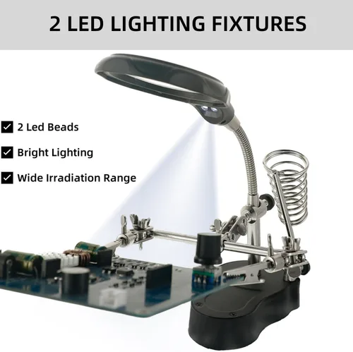 Vista 4 de Estación de lupa de soldadura con luz LED, soporte profesional de lupa de 3.5 x 12 x con clips de cocodrilo para soldar, fabricación e inspección
