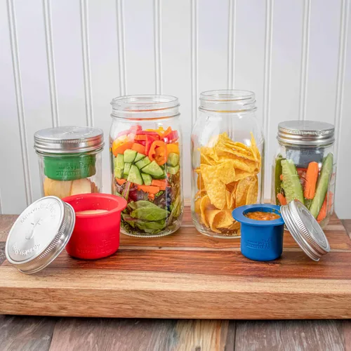 Vista 5 de Mason Jar Lifestyle Taza divisora para ensaladas, salsas y aperitivos. Contenedor de almuerzo Bento sin plástico. (Boca ancha, azul profundo)
